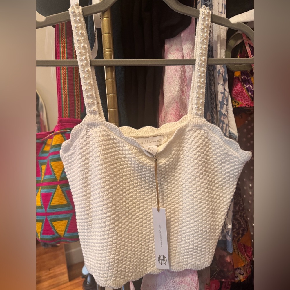 House of Harlow 1960 White Textured Knit Crop Top with Pearl Straps